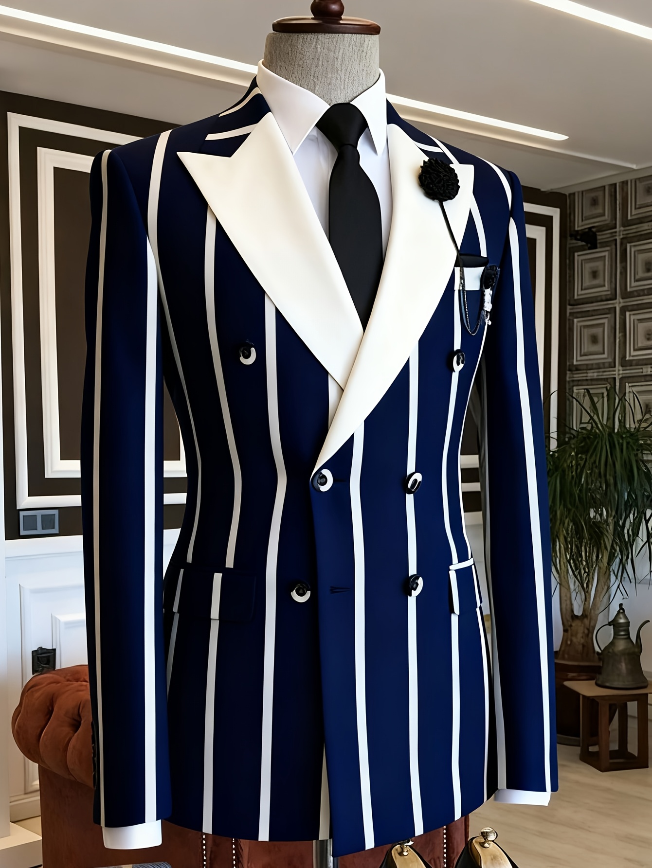 Men Formal Wear Outfits - 남성 슬림핏 비즈니스 블레이저 더블 네이비