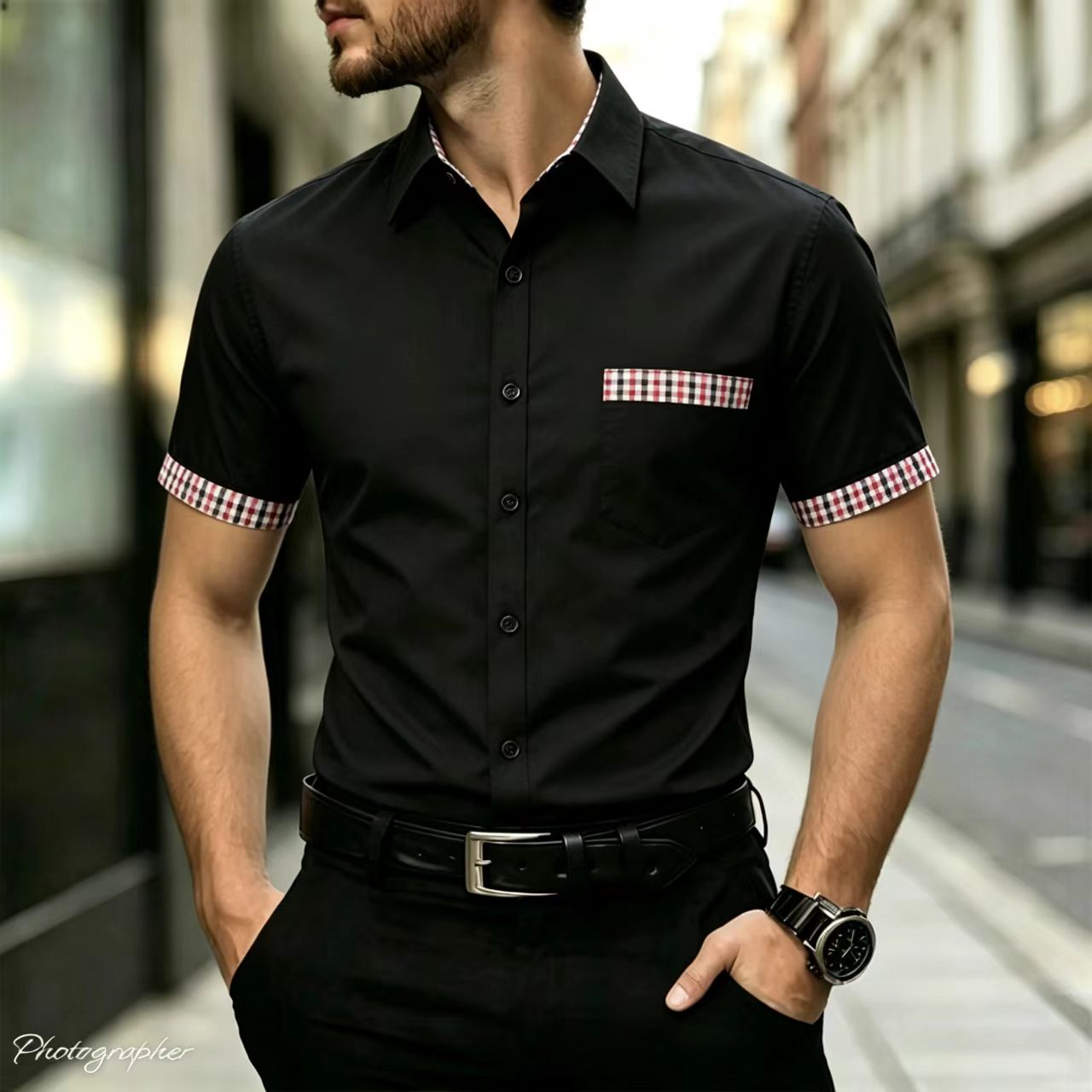 Men Formal Office Wear Shirts - 체크무늬 테두리 칼라, 슬림핏을 위한 소매
