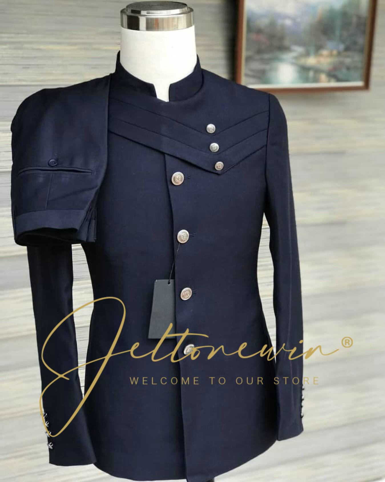 Men'S Style Formal Wear - 남성 네이비 블루 정장 세트, 밀리터리