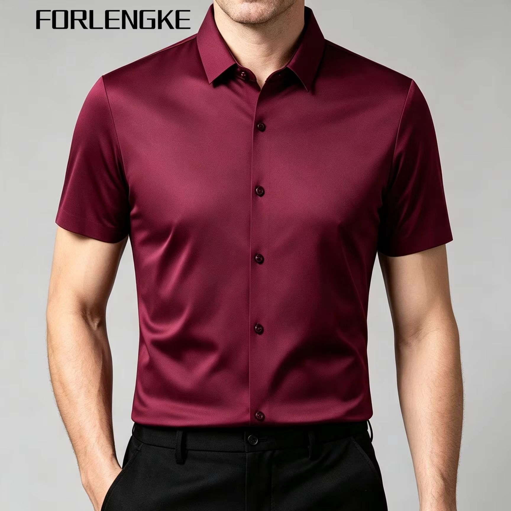 Men Formal Office Wear Shirts - FORLENGKE 남성용 비즈니스 솔리드 반소매 셔츠,
