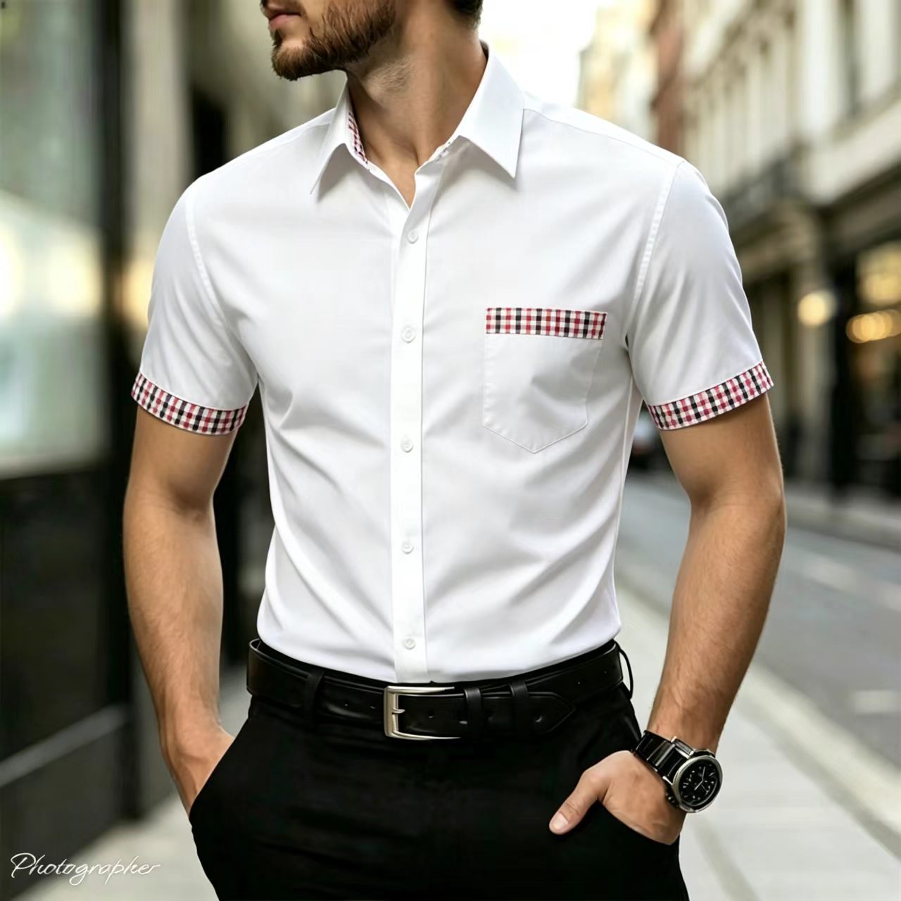 체크무늬 테두리 칼라, 슬림핏을 위한 소매 포켓, 캐주 - Men Formal Office Wear Shirts 리뷰 및 가격