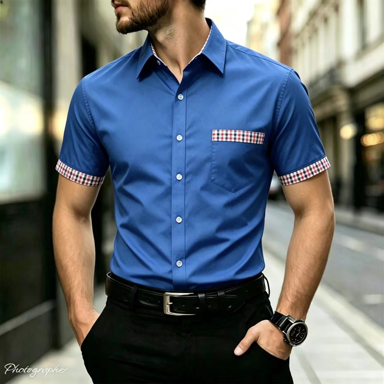 체크무늬 테두리 칼라, 슬림핏을 위한 소매 포켓, 캐주 - Men Formal Office Wear Shirts 리뷰 및 가격
