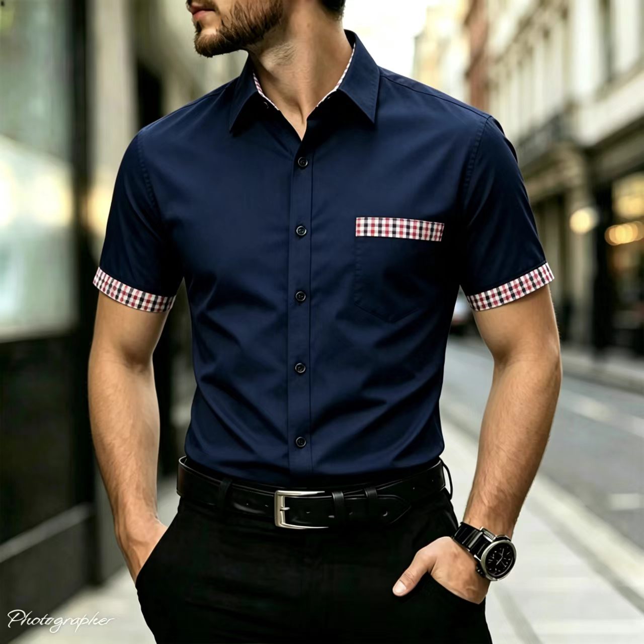 체크무늬 테두리 칼라, 슬림핏을 위한 소매 포켓, 캐주 - Men Formal Office Wear Shirts 리뷰 및 가격