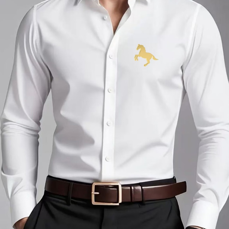 우아한 황금 말 로고 프린트 남성 셔츠 슬림핏 긴팔 캐 - Men Formal Office Wear Shirts 리뷰 및 가격