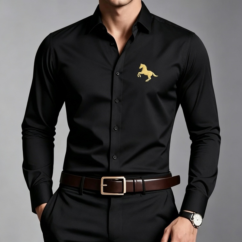 우아한 황금 말 로고 프린트 남성 셔츠 슬림핏 긴팔 캐 - Men Formal Office Wear Shirts 리뷰 및 가격