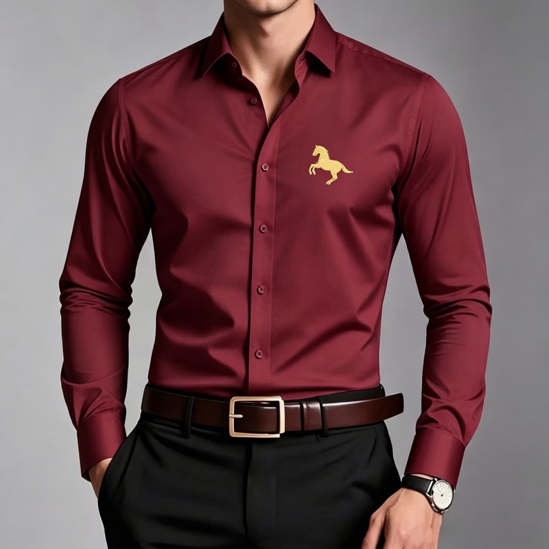 우아한 황금 말 로고 프린트 남성 셔츠 슬림핏 긴팔 캐 - Men Formal Office Wear Shirts 리뷰 및 가격