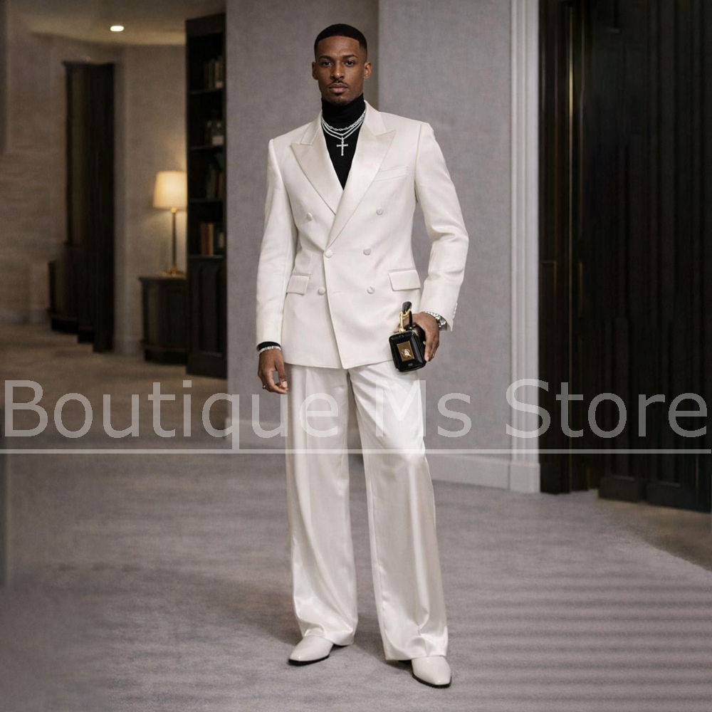 남성용 화이트 새틴 수트 2피스 더블 브레스티드 피크  - Men'S Formal Wear In Wedding 리뷰 및 가격