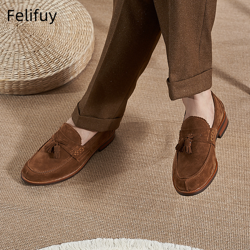 새로운 브라운 남성 플랫 로퍼 소가죽 스웨이드 태슬 캐 - Men Formal Party Wear Dress 리뷰 및 가격